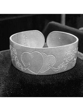 Vintage Kirk Stieff Pewter Cuff Bracelet 900-6 Etched Rose June Flower of Month
